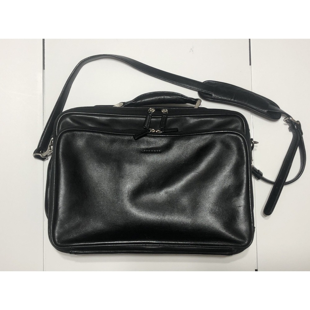 LEVENGER Black Leather Laptop Expandable Briefcase Silver NICKLE‎ Hard Ware USA